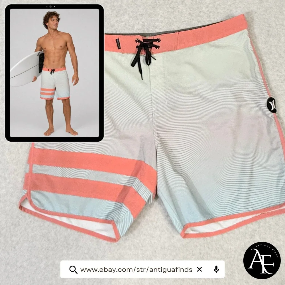 Hurley Phantom Mens Board Shorts Size 40 Coral Blue Wavy Stripe Swim Trunks